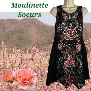 Moulinette Soeurs Black Dress, Multi-Coloured Embroidery, Sleeveless, Pockets, 6